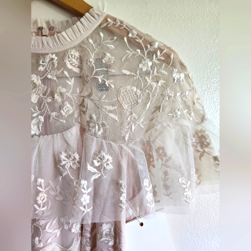 NWT! Mac Duggal, Embroidered Ruffled Sleeve Midi Dress,Blush,Size 10, MSRP $498 - Picture 5 of 11